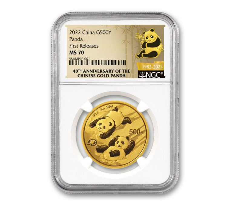 2022 China 30-gm Gold Panda NGC MS70 First Releases w/Gold 40th Anniversary  Label