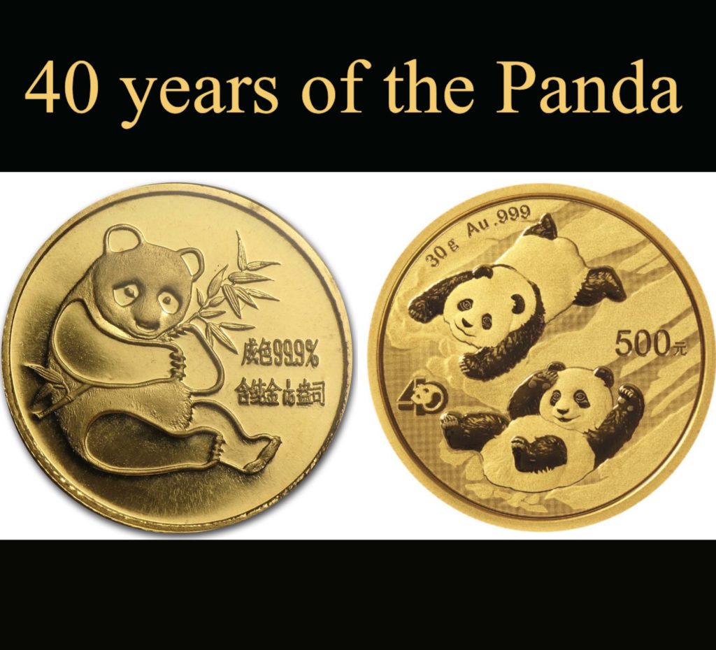 The first gold Panda coin released in 1982. The 2022 gold Panda, 40 years since his conception.